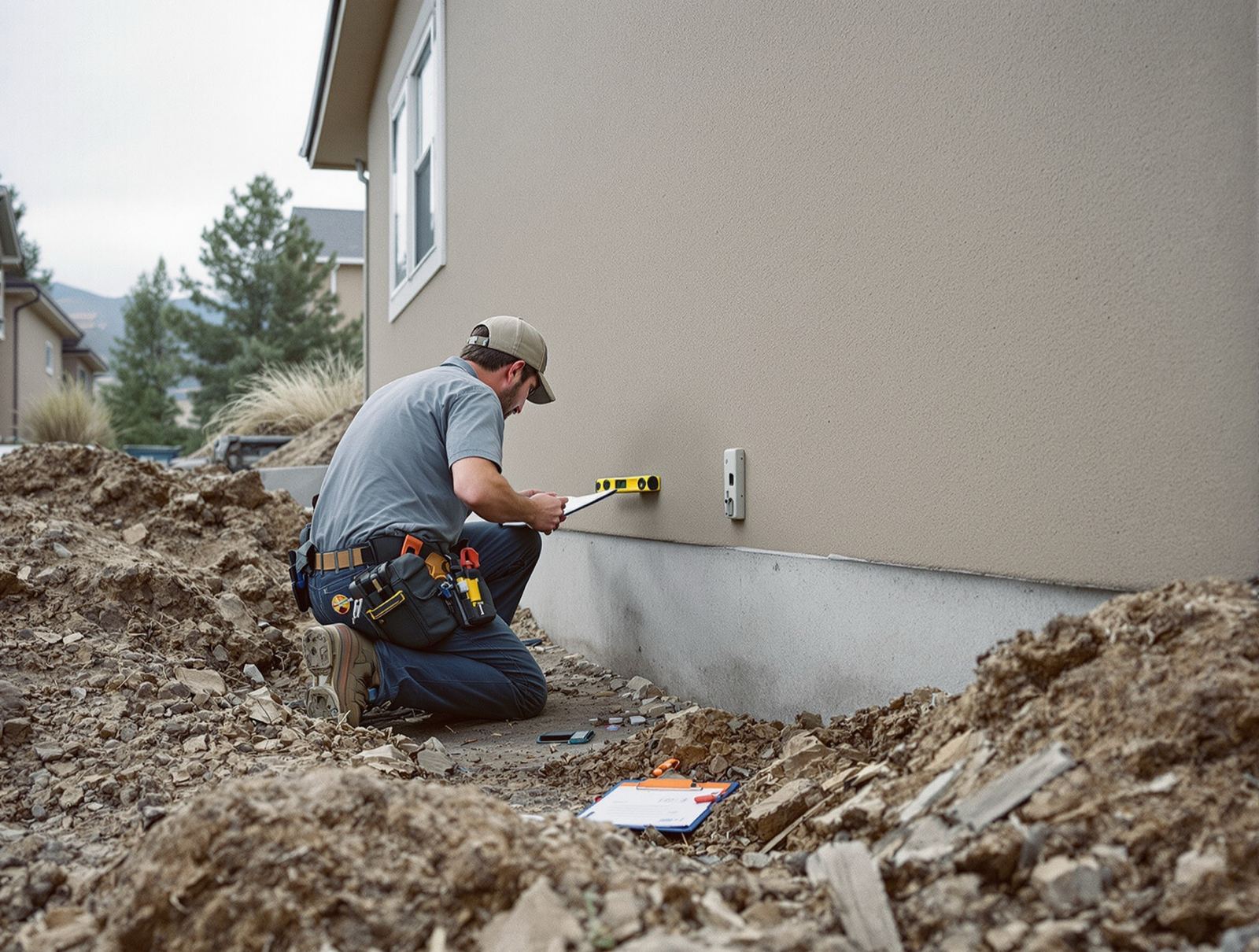 An inspector kneeling in an excavated trench, holding a level against a home’s foundation wall